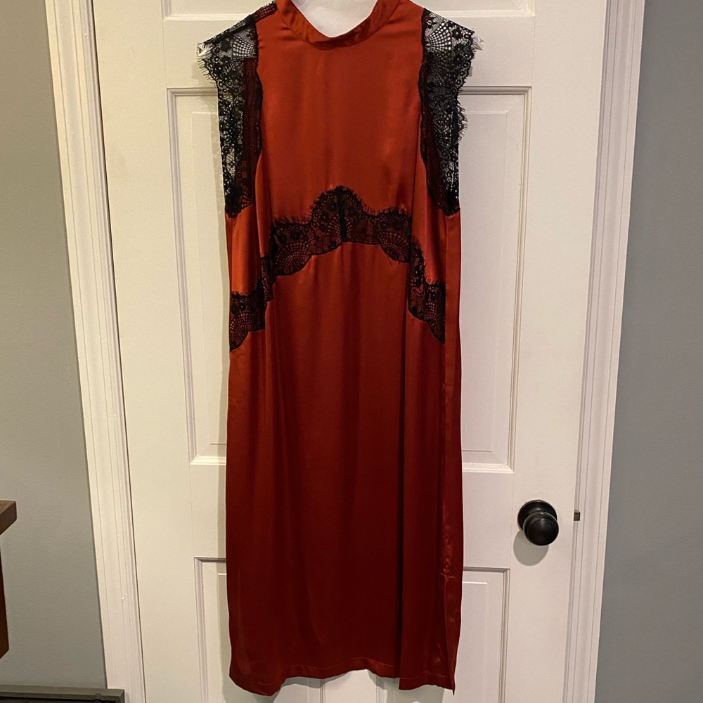 ASOS burgundy satin dress with black lace trim